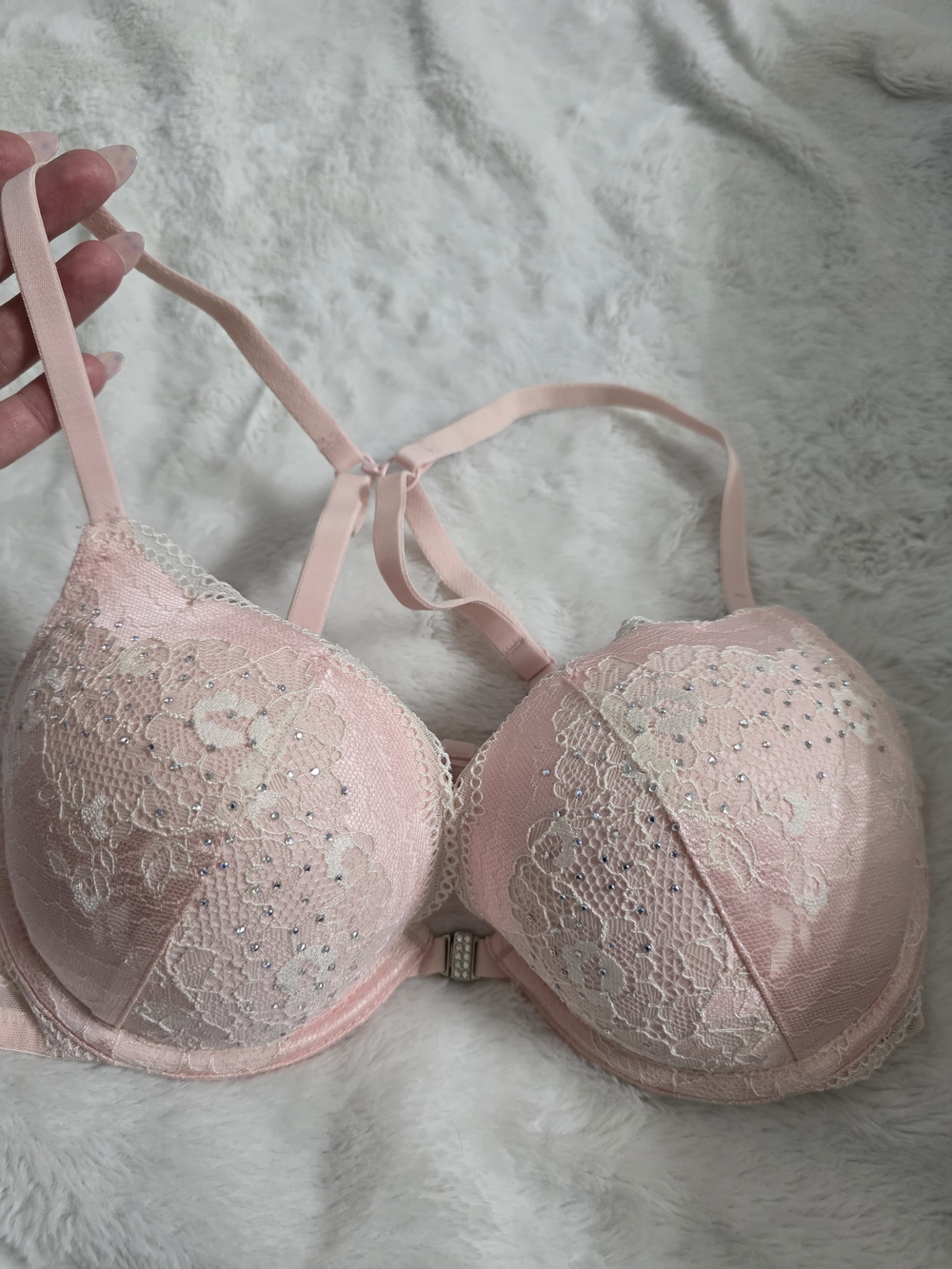 La Senza Pink Lace Push-Up Bra with Rhinestone Detail